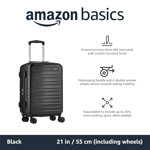 Amazon Fundamentals 21-Inch Black Hardside Suitcase with Spinner Wheels and Scratch-Resistant End