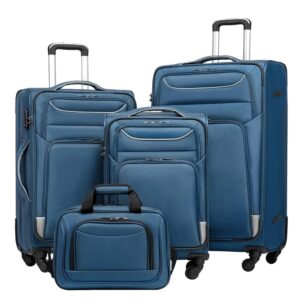 Coolife 4-Piece Baggage Set – Light-weight Softshell Suitcases with Spinner Wheels and TSA Lock (Blue & Silver)