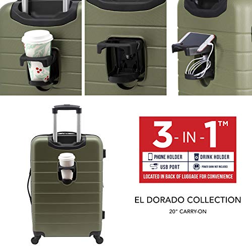 Wrangler Olive Inexperienced Good Baggage Set with Cup Holder and USB Port, 20-Inch Carry-On